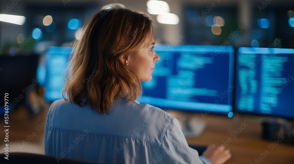 Wall mural woman coding at a desk with multiple monitors in a modern office setup
