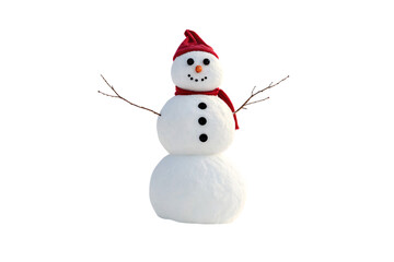Fototapeta premium Festive snowman with red Santa hat, red scarf, stick arms spread wide, coal features, carrot nose, isolated on a transparent background