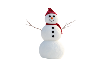 Festive snowman with red Santa hat, red scarf, stick arms spread wide, coal features, carrot nose, isolated on a transparent background