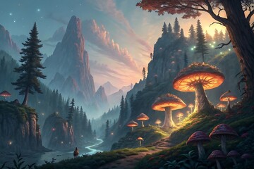 Fototapeta premium Glowing mushrooms illuminate a mystical mountain valley at dusk fantasy forest