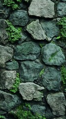 Stone Wall Texture with Moss and Small Green Plants