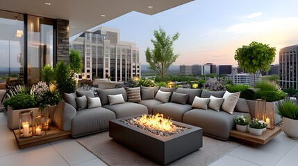 Elegant rooftop lounge with fire pit high resolution picture