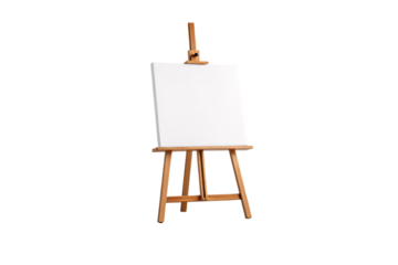 Artist's easel holds empty white canvas at angle for comfortable painting and creative work, isolated on a transparent background