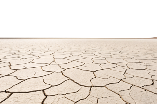 Parched soil creates natural tessellation of dried mud polygons in desolate desert environment, isolated on a transparent background