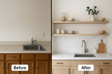 Kitchen renovation showcasing a dramatic change from a simple countertop to a sleek marble design with stylish shelves and modern decor elements