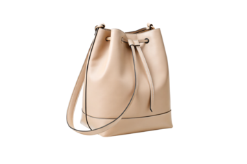 Beige leather bucket bag with drawstring top and crossbody strap shown from side angle, isolated on a transparent background
