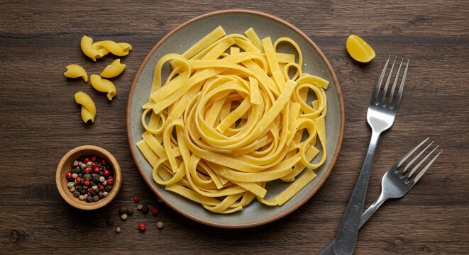 Overhead view of fettuccine pasta on a plate with forks lemon and spices on a wooden table top