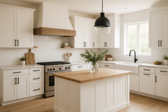 Bright, airy, and modern farmhouse kitchen boasting white shaker cabinets, a large island with butcher block countertop, and white subway tile backsplash