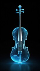 A luminous blue translucent violin with intricate internal details glowing against a dark background showcasing a modern artistic interpretation of a classic instrument