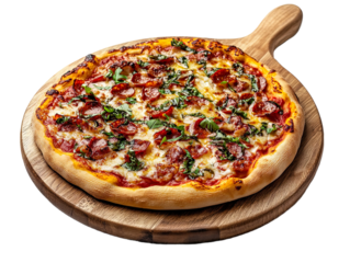 Pepperoni pizza with herbs and cheese on wooden paddle board isolated on transparent background
