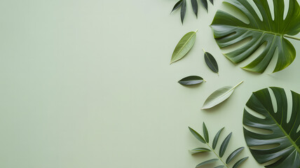 Monstera and tropical leaves arranged on a soft green background with copy space