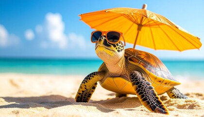 A fun turtle wearing orange sunglasses is balancing a beach umbrella on yellow sand to create a relaxing summer atmosphere.