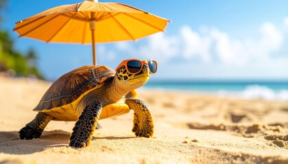 A fun turtle wearing orange sunglasses is balancing a beach umbrella on yellow sand to create a relaxing summer atmosphere.