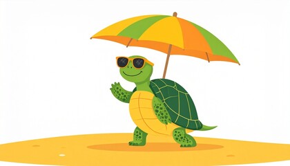 Obraz premium A fun turtle wearing orange sunglasses is balancing a beach umbrella on yellow sand to create a relaxing summer atmosphere.