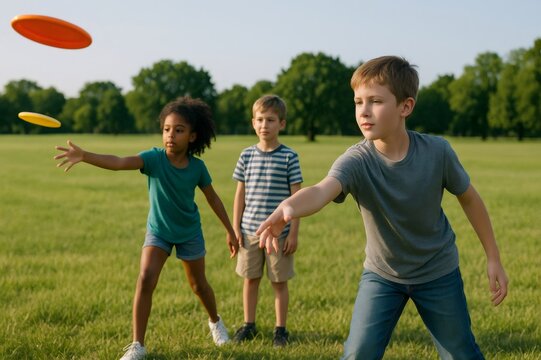 Three kids actively playing with frisbees in a sunny park, showcasing teamwork and outdoor fun on a bright day - Powered by Adobe