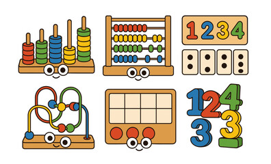 Educational toys with smiley faces: abacus, numbers, and bead maze for kids' learning