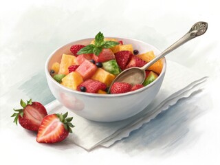 A refreshing bowl of mixed fruit salad with strawberries blueberries raspberries melon and pineapple garnished with mint leaves and a spoon