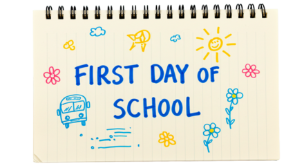 A cheerful, hand-drawn illustration announces the first day of school with playful elements.