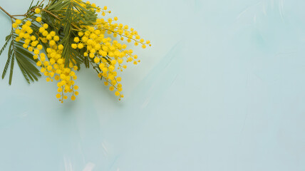 Delicate mimosa flowers with feathery green leaves on a soft blue background