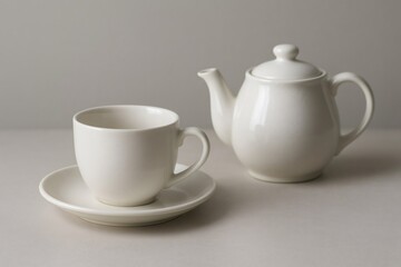 Simple and elegant ceramic tea set featuring a classic white teapot and matching cup with saucer, perfect for a minimalist kitchen setting