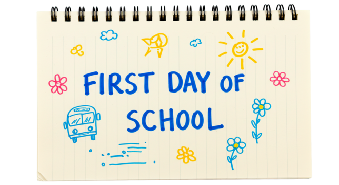 A cheerful, hand-drawn illustration announces the first day of school with playful elements. - Powered by Adobe