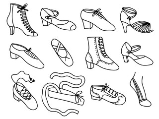 Set of dance shoes in sketch style. Hand drawn kinds of shoes for dancing. Tango, salsa, ballet shoe, step, dancing shoe