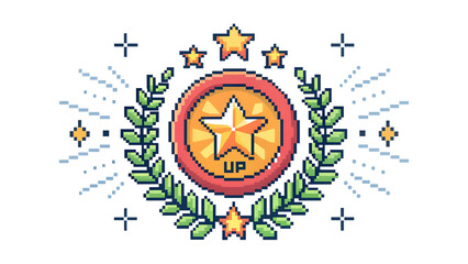 A pixel art illustration of a golden star award surrounded by a laurel wreath, signifying victory and achievement in a game isolated on transparent background