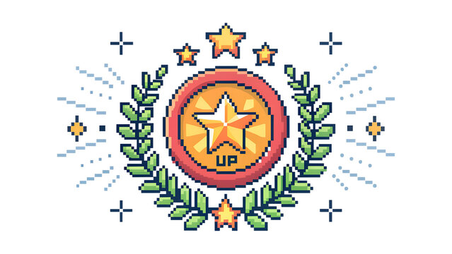 A pixel art illustration of a golden star award surrounded by a laurel wreath, signifying victory and achievement in a game isolated on transparent background