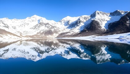 Snow-Capped Mountains Reflecting in a Pristine Lake