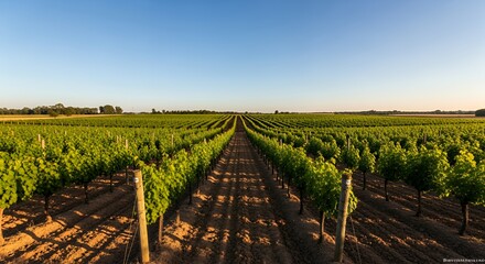 Fototapeta premium Green Grape Vines Growing in Vineyard Under Clear Blue Sky