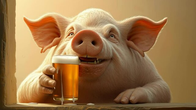 Anthropomorphic pig with large ears holding beer glass, sitting at wooden table with golden background. Detailed realistic rendering showing pig drinking beer with exaggerated expression.