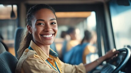 Portrait of smiling female public transport driver showing positive attitude towards work.