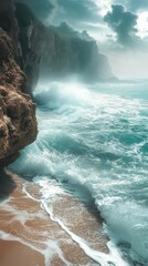 Crashing Ocean Waves Against Rocky Cliffs on a Cloudy Day