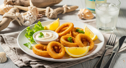 Golden fried calamari rings served with creamy dipping sauce and lemon wedges, styled on a white plate with beach-themed elements and a refreshing drink in the background