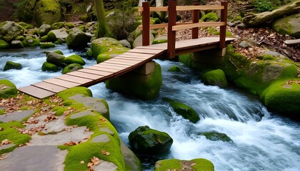 Small Wooden Bridge Over a Rushing Mossy Stream