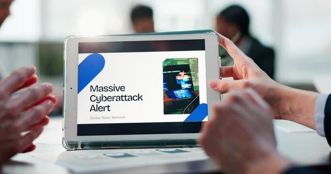 Hands, tablet and screen for team review with notification for digital crime, malware and online terrorism. People, tech and ux for analysis, point or news for cyber attack on internet at agency - Powered by Adobe