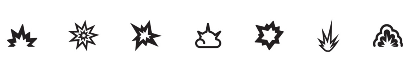 Explosion icon set. Containing explode, bomb, boom, blast, bang, burst and explosive weapon icons. Solid icon collection. Vector illustration. ESP 10