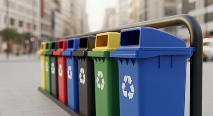 Colorful Recycling Bins Lined Up on Urban Sidewalk