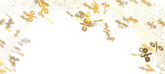 Abstract background image of golden percent signs falling on white. Perfect for sale banners, marketing materials, and discount promotions.