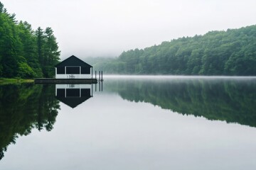 Fototapeta premium Tranquil morning mist gently blankets a serene lake, mirroring a picturesque boathouse and lush forest