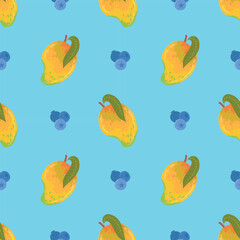 Obraz premium mango, papaya, blueberry, pineapple. Vector seamless pattern with fruits in flat style. Cute illustration of food, nutrition, tropical fruits