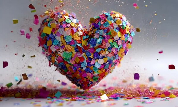 A colorful heart explodes with confetti, showcasing love and joy with a burst of vibrant colors