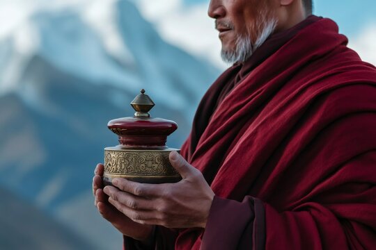 Close up of a monk holding a decorated prayer wheel with mountains in the background, expressing spirituality and tradition