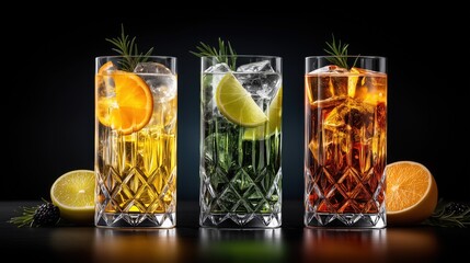 Three vibrant cocktails in crystal glasses with ice, garnished with orange, lime, and herbs on a dark background