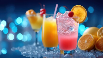 Three vibrant cocktails with cherry and citrus garnish served over ice, set against a glowing blue party background