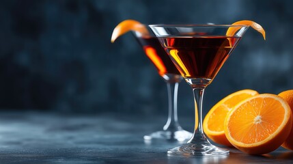 Two dark orange cocktails served in martini glasses with orange peel garnish and fresh orange slices on a moody background