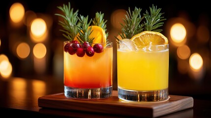 Two vibrant cocktails garnished with orange slices, cranberries, and rosemary served on a wooden tray with warm lighting