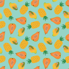 mango, papaya, blueberry, pineapple. Vector seamless pattern with fruits in flat style. Cute illustration of food, nutrition, tropical fruits