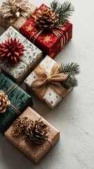 Colorful wrapped gifts with decorative elements for holiday celebrations on a textured surface