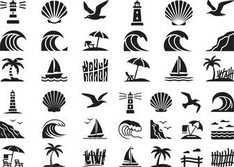 Silhouette coastal icons set. Beach, shore, waves, sea. vector illustration 